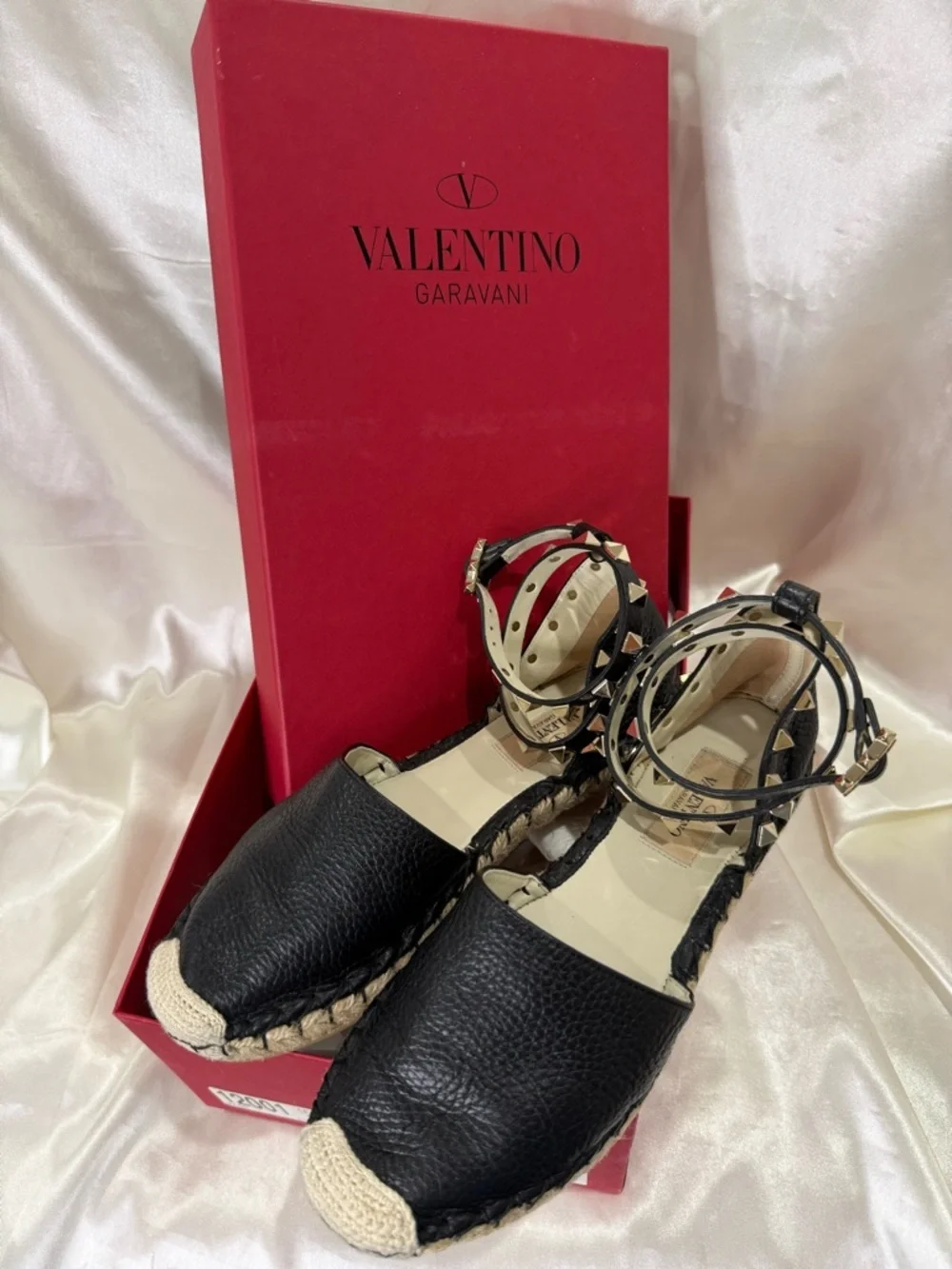 Valentino Garavani Rockstud Espadrille Sandals Leather Wrap Black Size 35 US 5